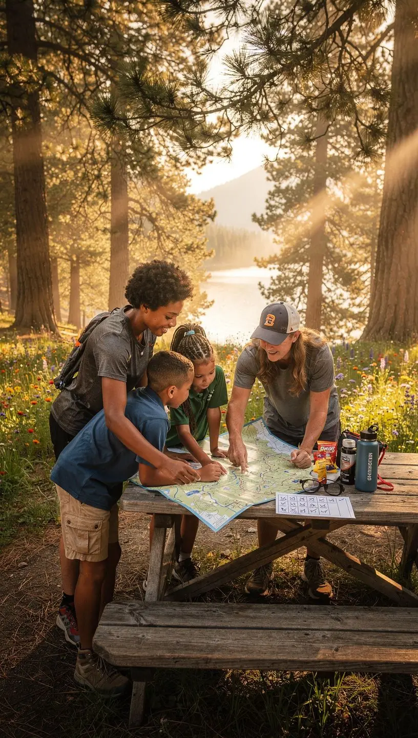Rodzina cieszy się wspólnym piknikiem na zielonej łące.