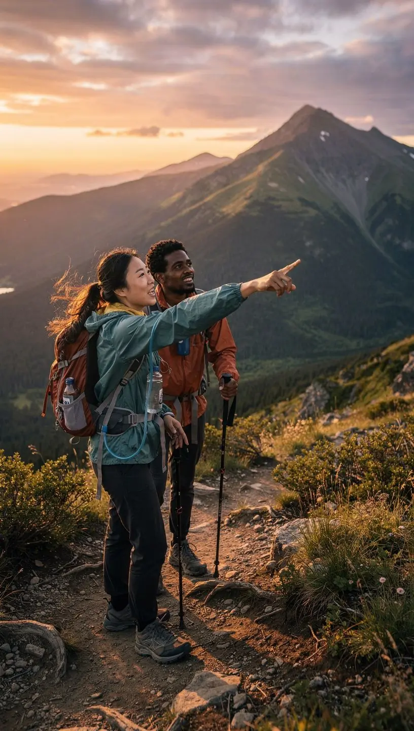Grupa przyjaciół na szlaku, otoczona pięknym krajobrazem.